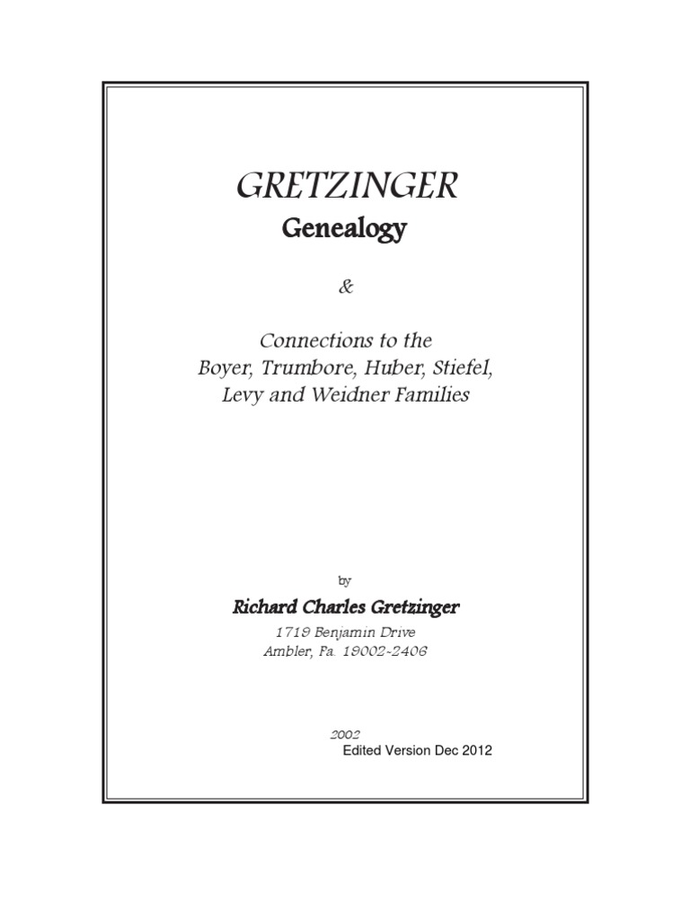 Gretzinger Genealogy Book Final - 9!29!02 Edit Version For Ebook, PDF, Surname