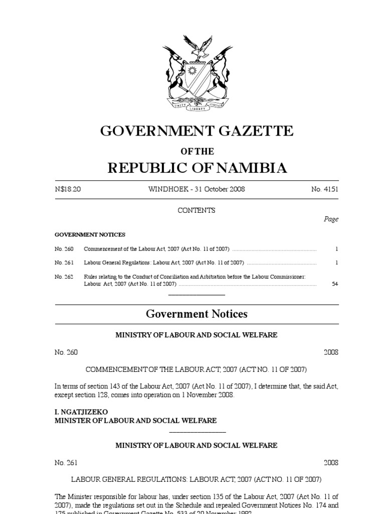 Labour Act of 2007, Namibia, Regulations Collective Agreement