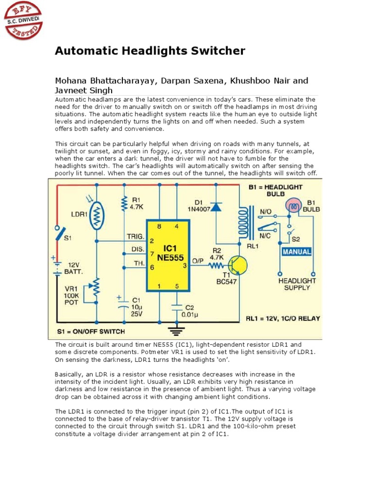 Automatic Headlight Switcher | PDF | Headlamp | Switch