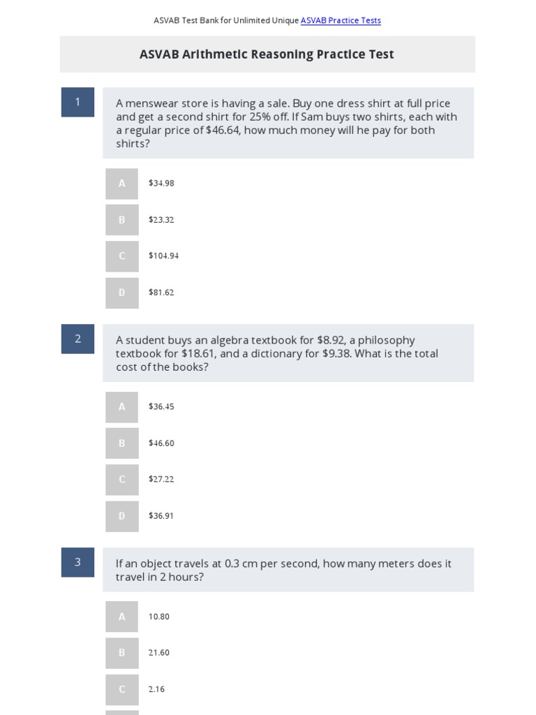 ASVAB Arithmetic Reasoning Practice Test 1 | PDF | Fraction (Mathematics) | Rational Number for Free Printable Asvab Test