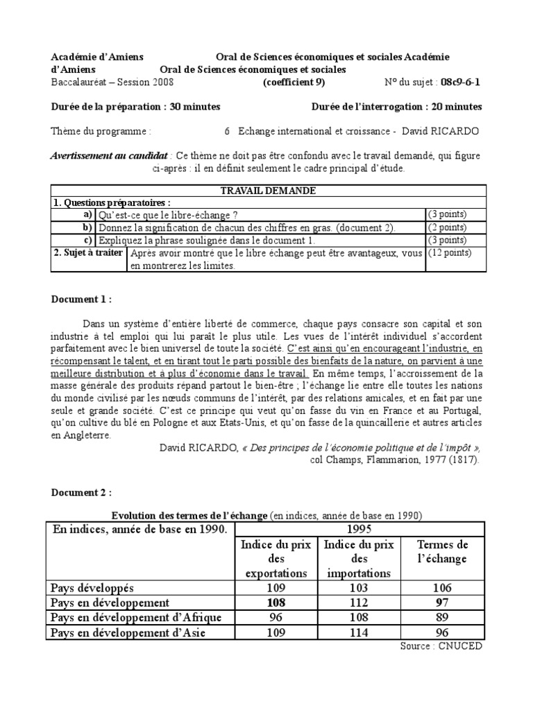 sujet d'oral amiens commerce international  Libreéchange  Économie