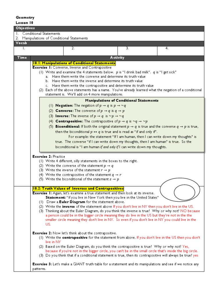 Worksheets Converse Inverse Contrapositive Worksheet geometry lesson 10 v2 converse inverse contra positive and biconditional if only deductive reasoning
