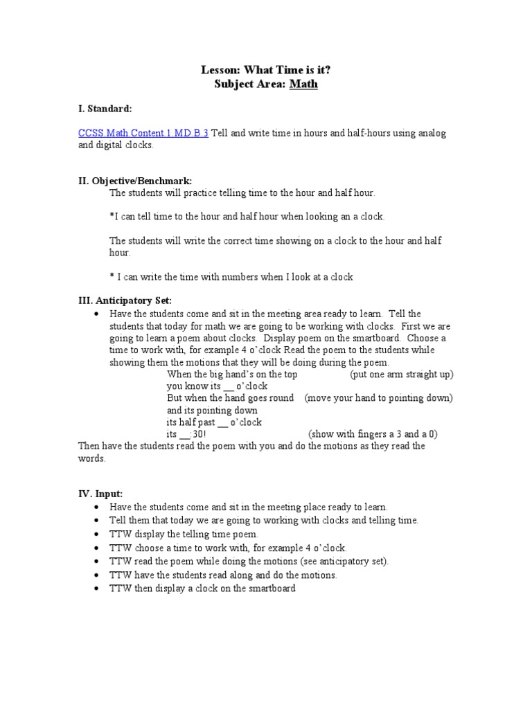 Kindergarten Clock Lesson Plan | PDF | Clock | Learning Styles