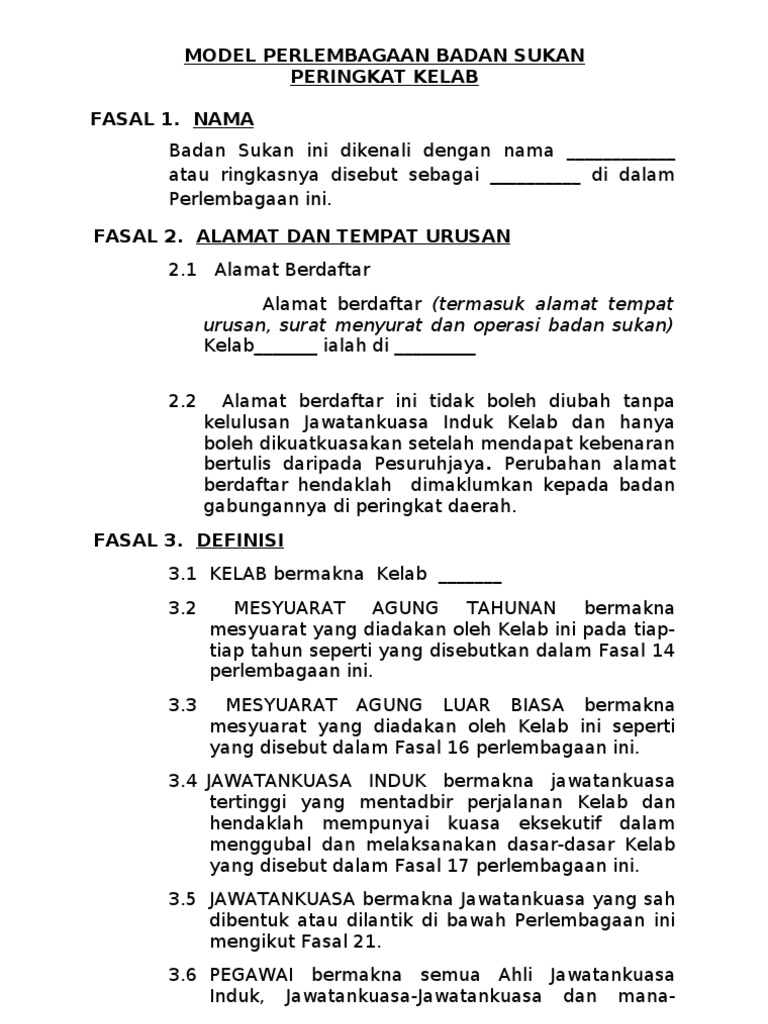 Contoh Perlembagaan Kelab Pdf