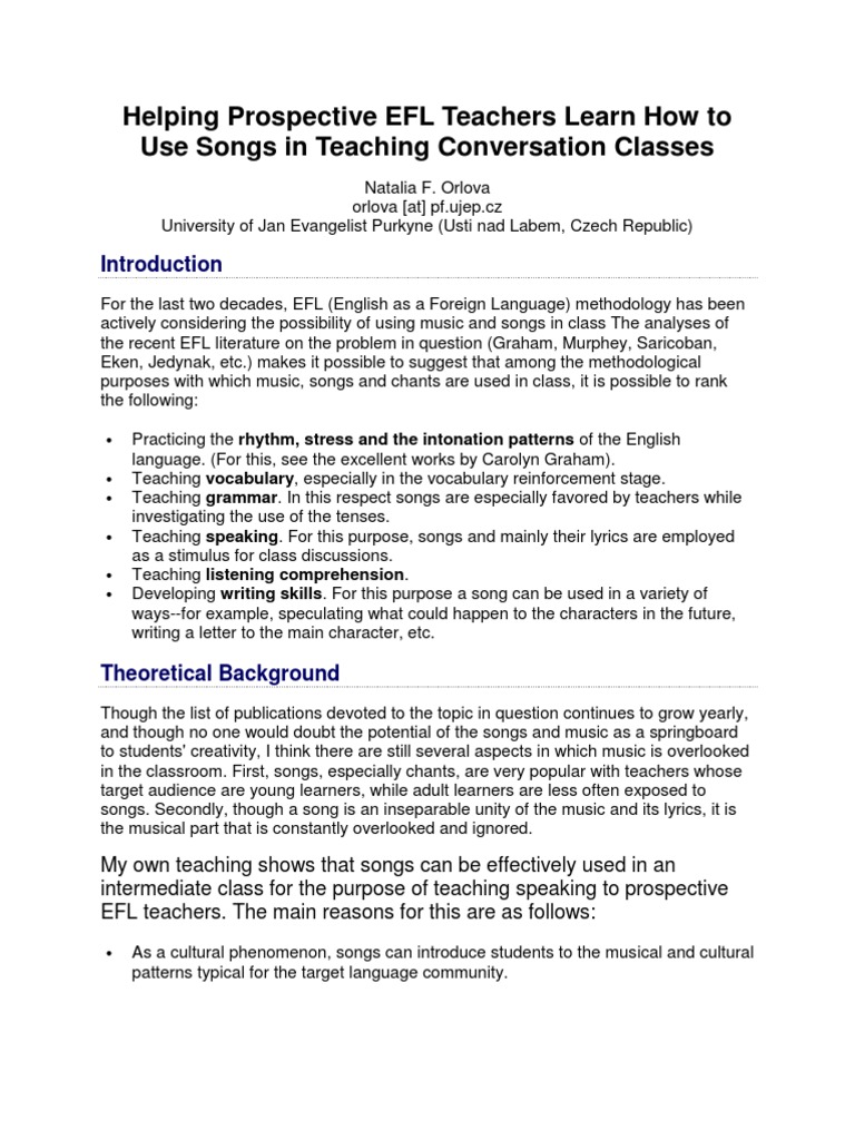 Using Songs to Teach EFL Speaking Skills | PDF | Singing | English As A ...