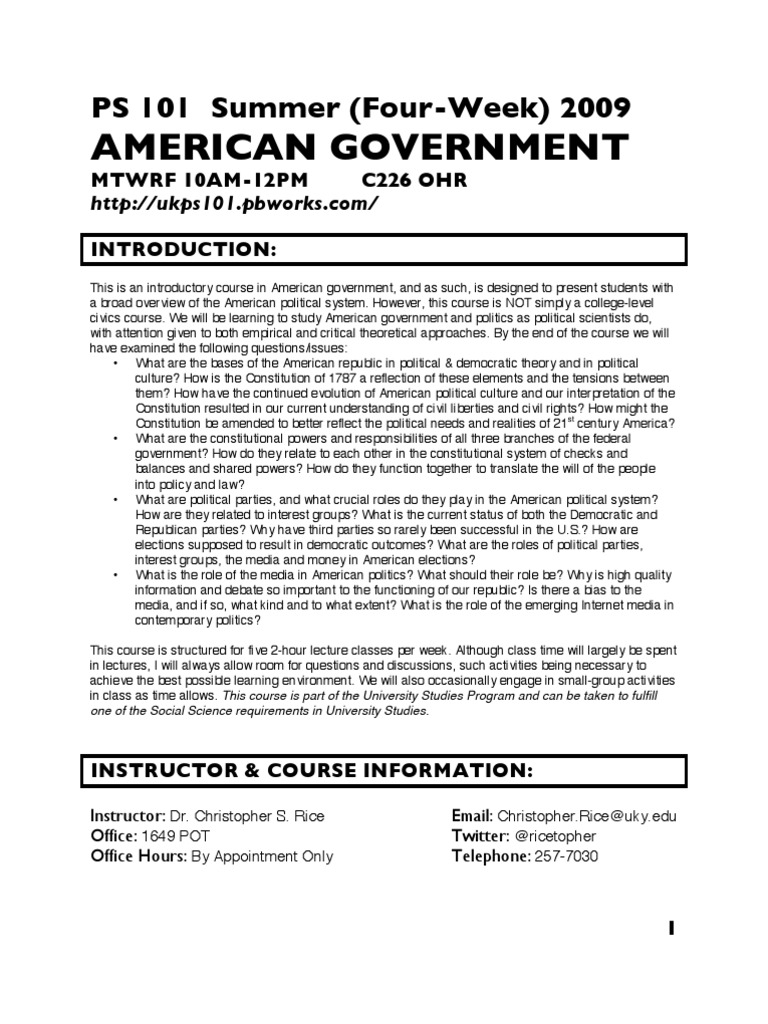 PS 101 Syllabus Summer 2009 | PDF | Test (Assessment) | Democracy