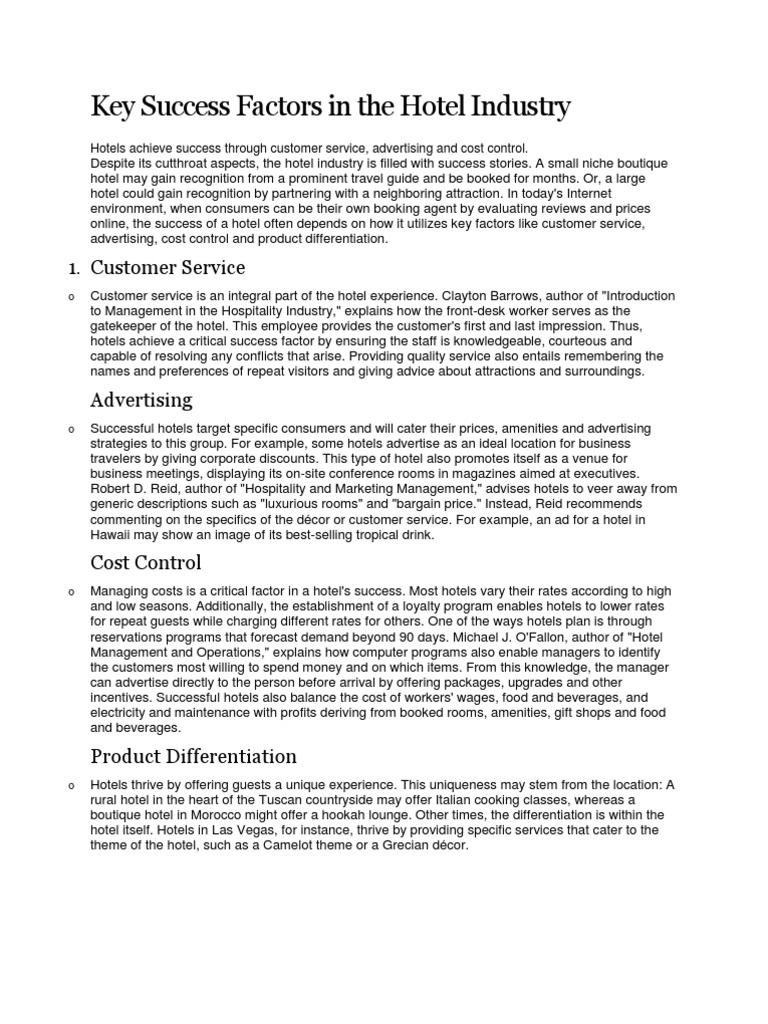 Key Success Factors in the Hotel Industry | Hotel | Airlines