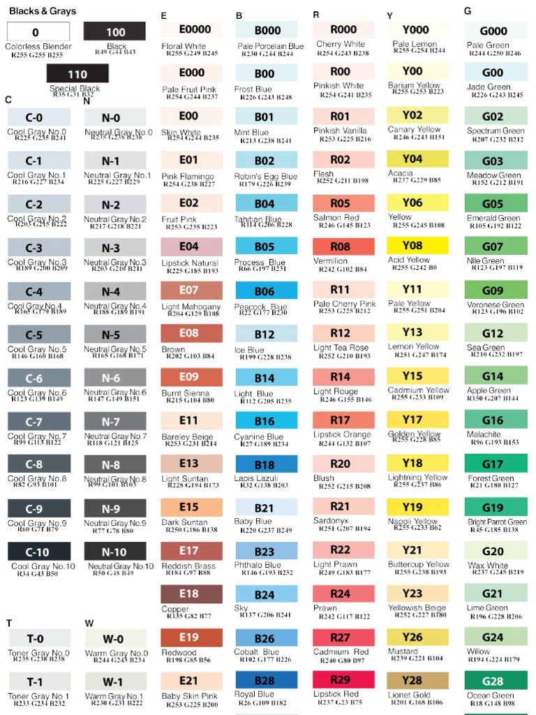 Copic Sketch & RGB Color Chart PDF