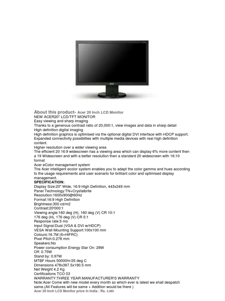 Acer 20" Monitor for Tech Enthusiasts | PDF | Computer Monitor ...