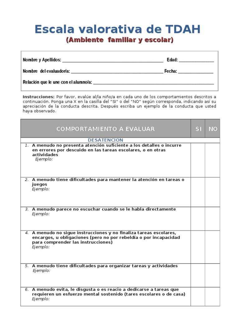 Escala Valorativa de Tdah | Desorden hiperactivo y deficit de atencion
