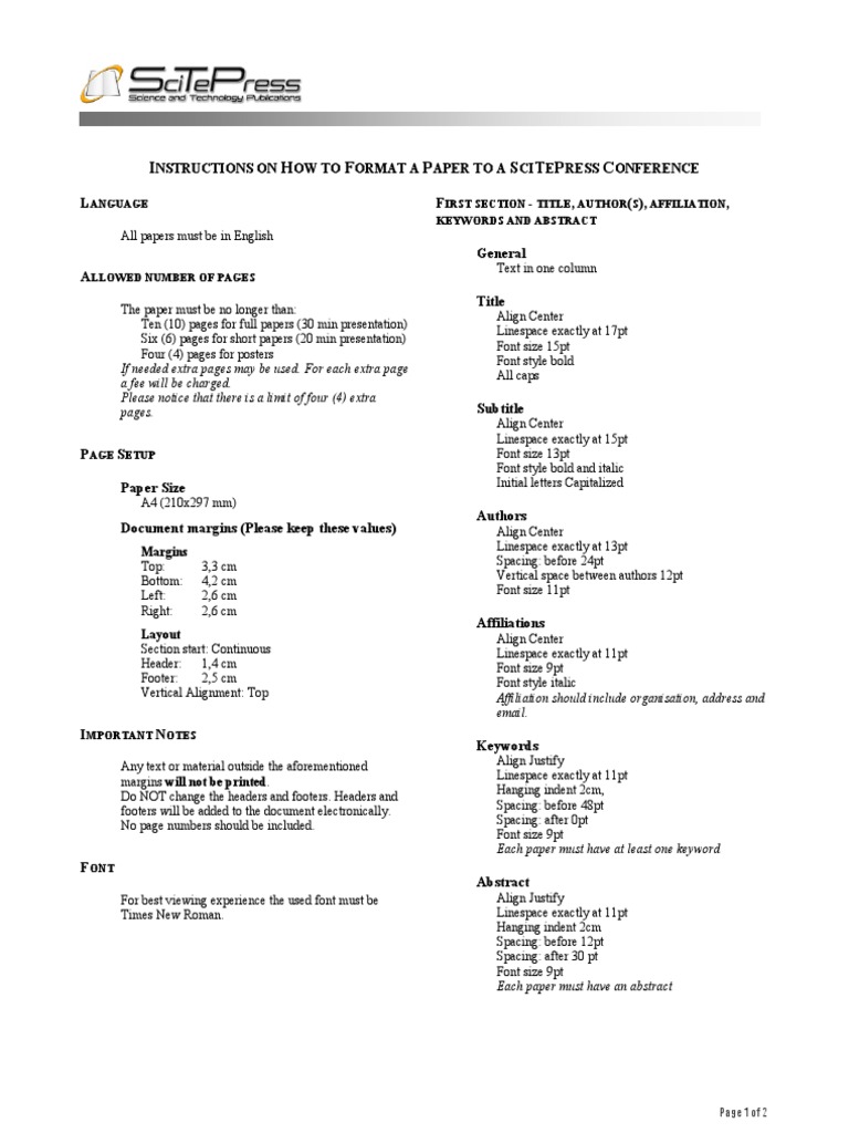 Scitepress Paper Formatting Guidelines | PDF | Typefaces | Times New Roman