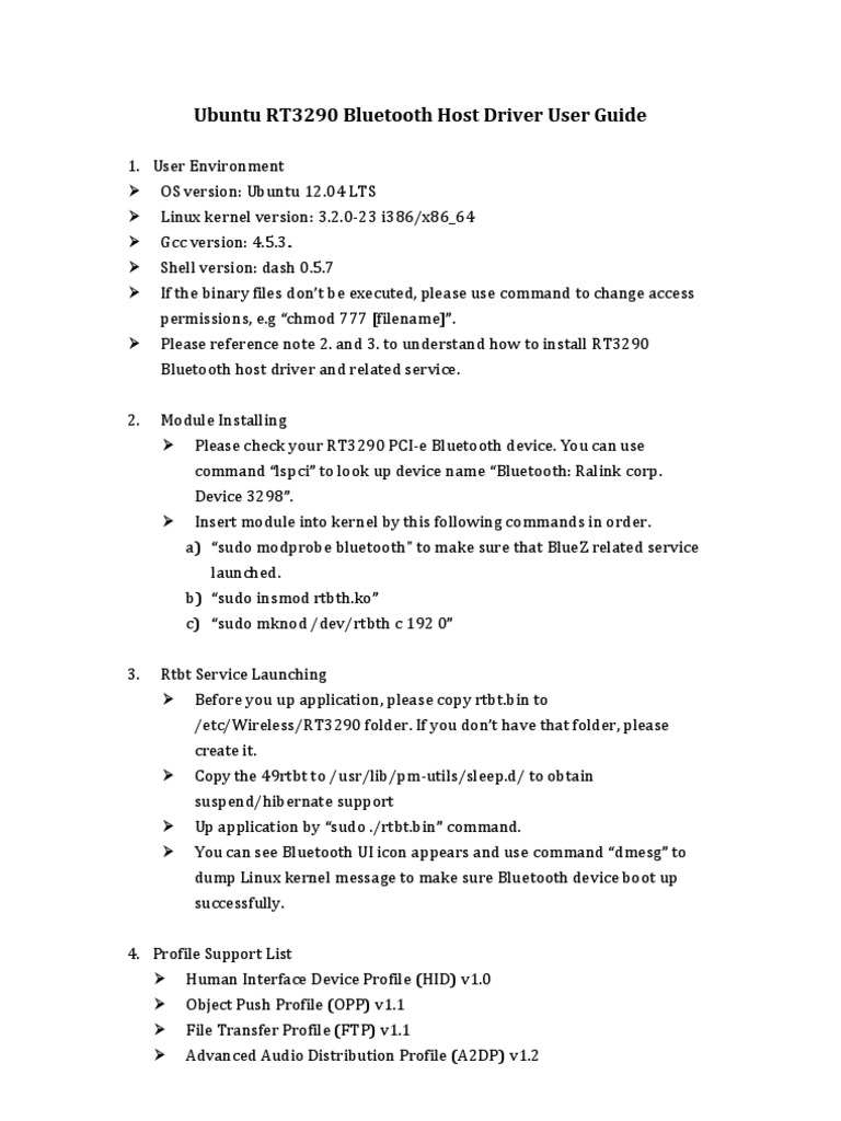 Ubuntu RT3290 Bluetooth Host Driver User Guide | PDF