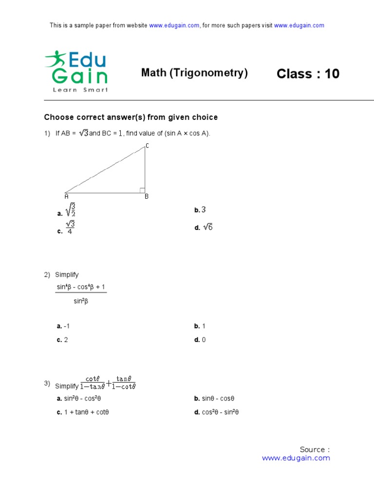 assignment of trigonometry class 10