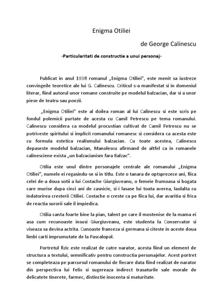 Enigma Otiliei Particularitati De Constructie A Unui Personaj