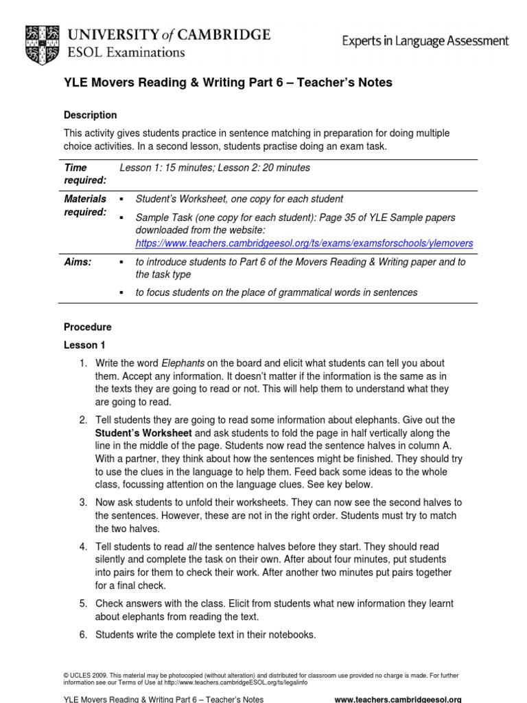Yle Movers Reading & Writing Part 6 PDF Plural Verb