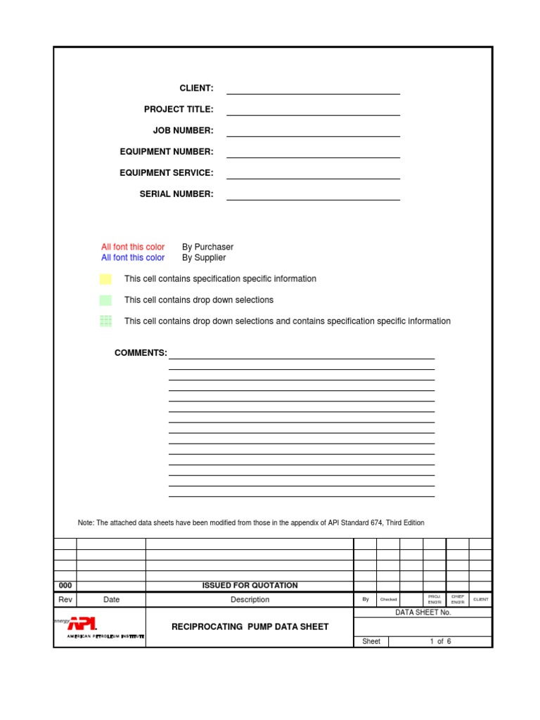 API 674 Reciprocating Pump Data Sheet | PDF | Technology & Engineering
