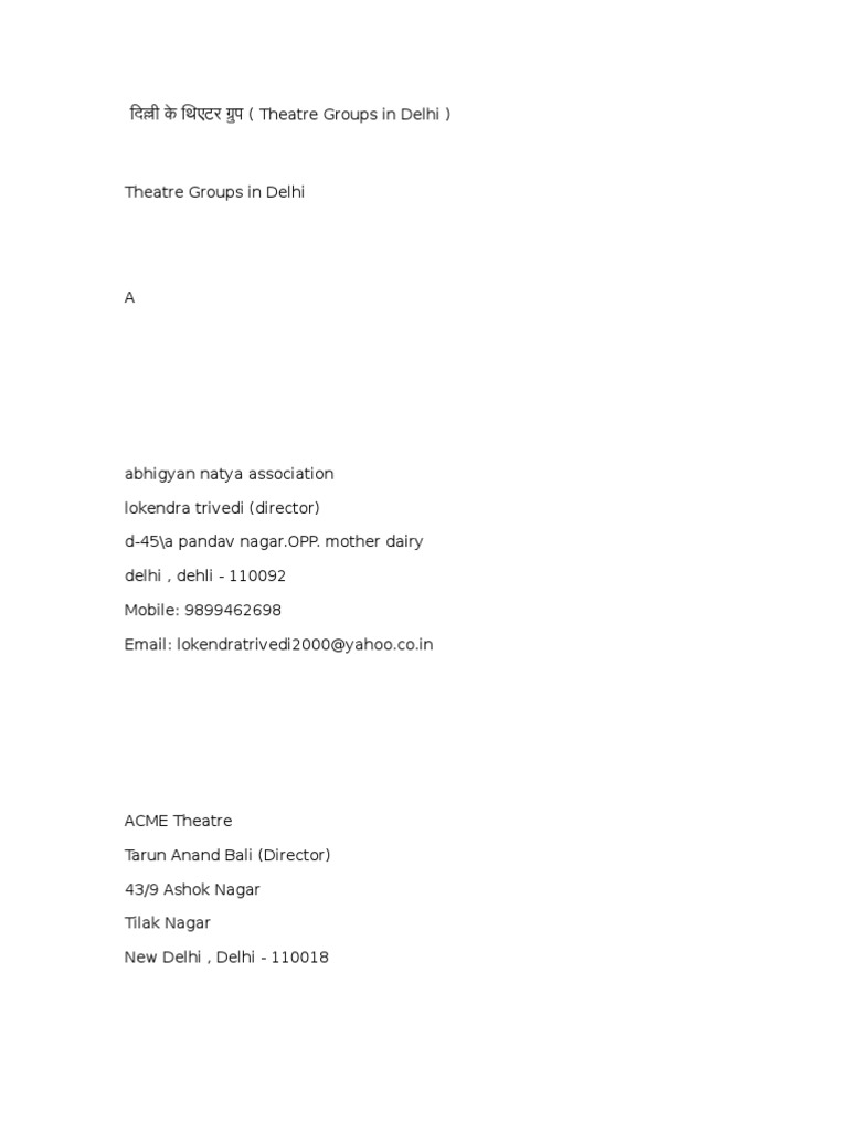 Theatre Groups in Delhi PDF Delhi Theatre