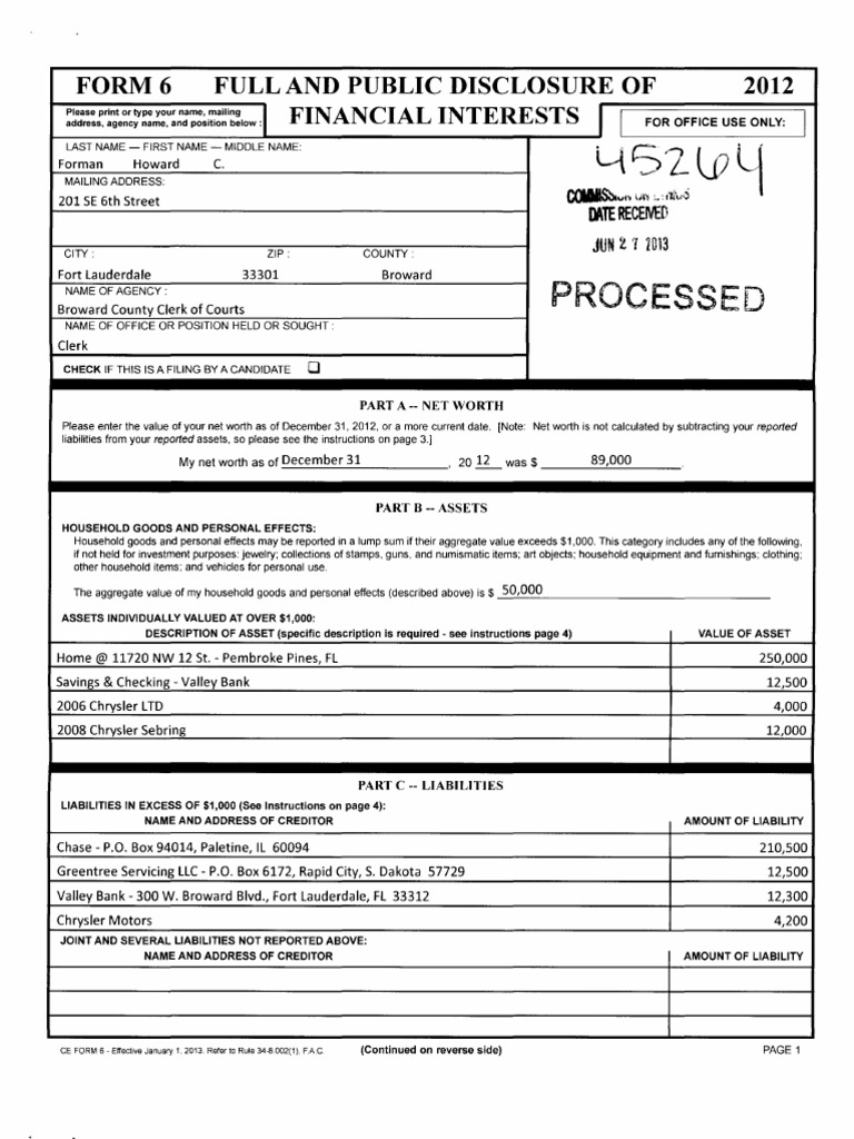 Processed Form6 Full and Public Disclosure of 2012 Financial Interests