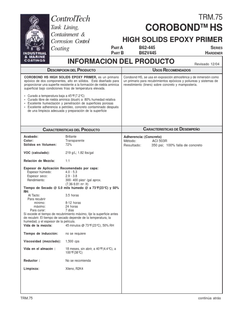 Corobond HS: Primario Epóxico Alto Sólidos | PDF | Revestimiento | Epoxy