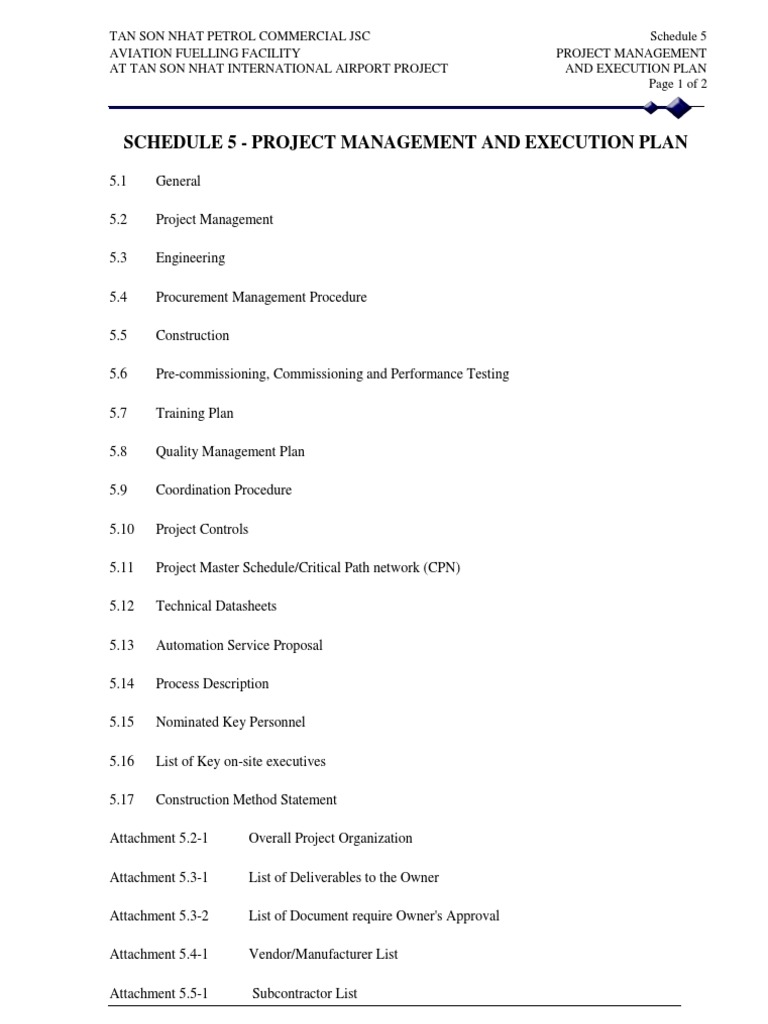 5 Schedule 5 - Project Management and Execution Plan - 5.0 Table of ...