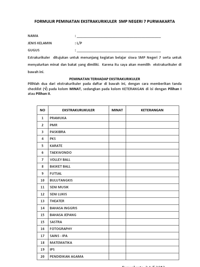 Contoh Formulir Pendaftaran Ekstrakurikuler Pramuka 
