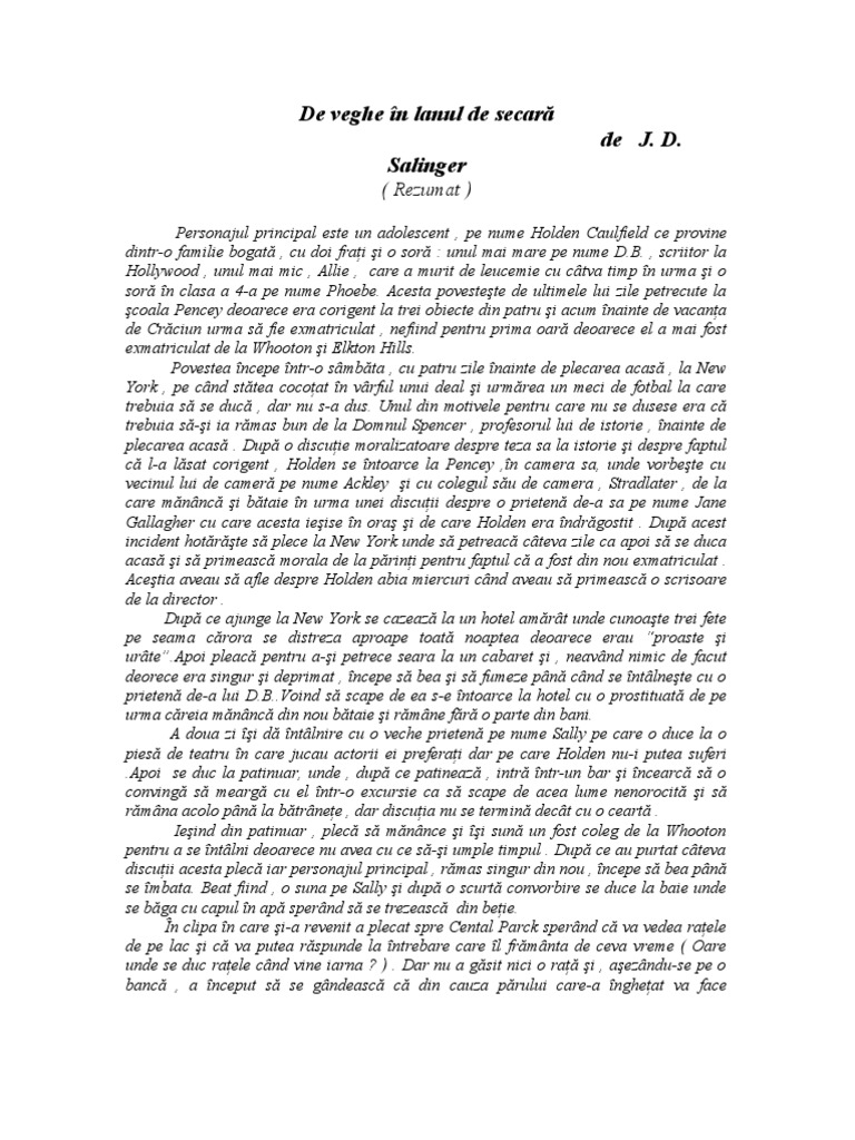 Rezumat De Veghe In Lanul De Secara