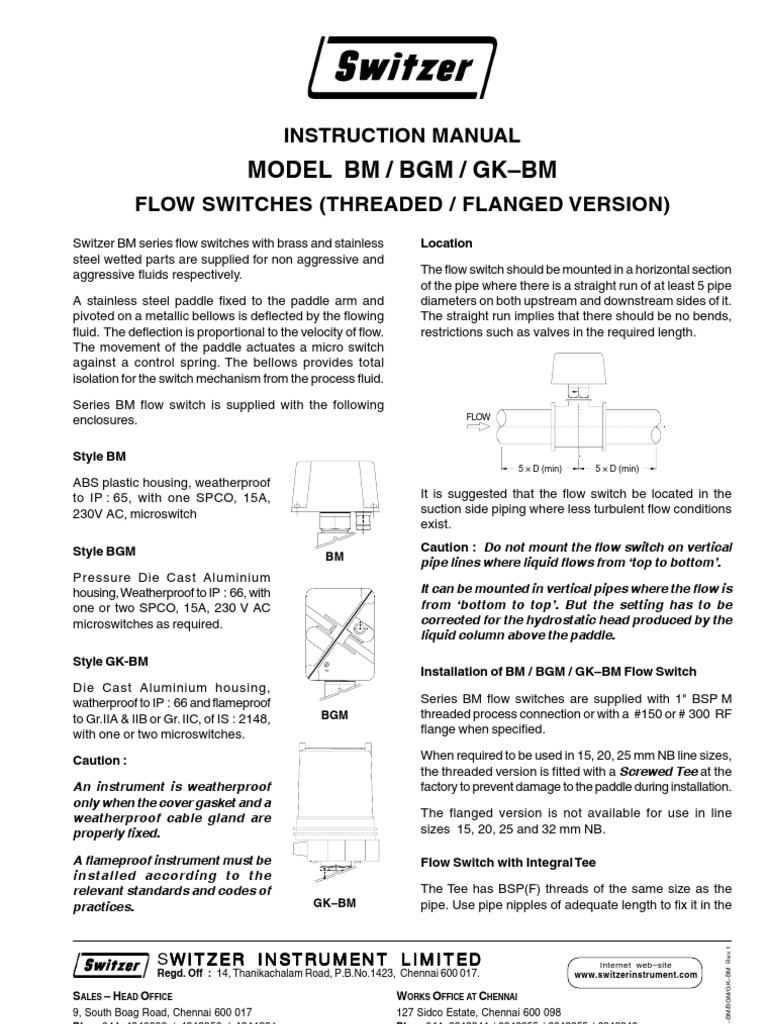 Switzer BM Series Flow Switch Manual | PDF | Switch | Pipe (Fluid ...