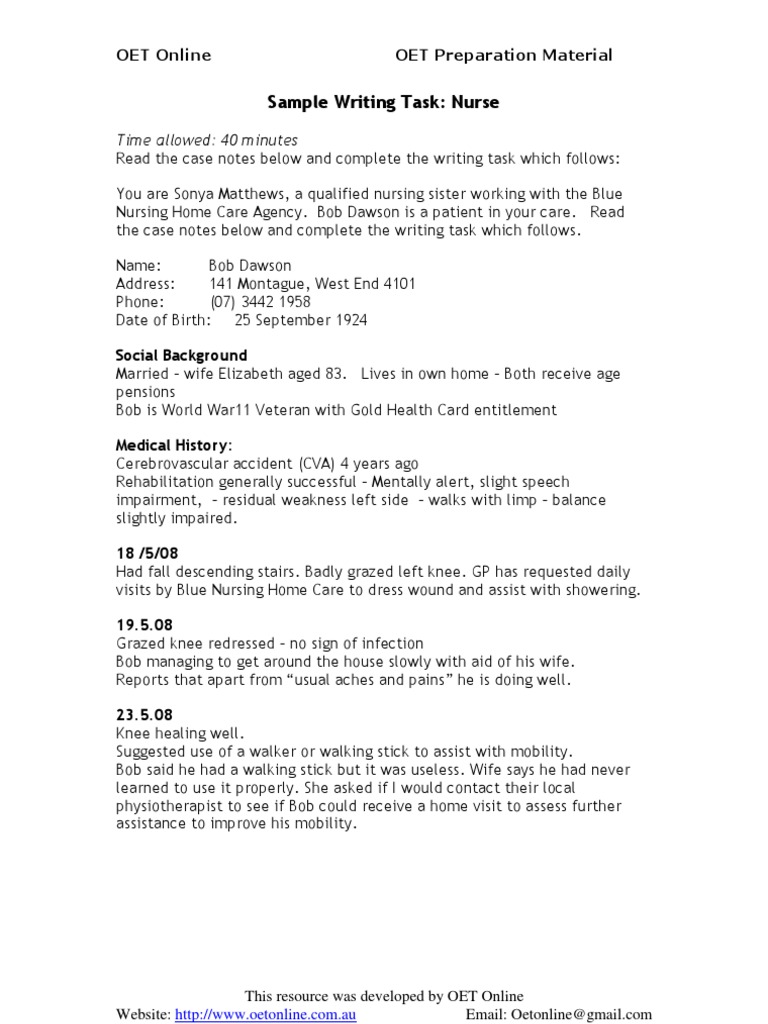 Sample Nurse Writing Task