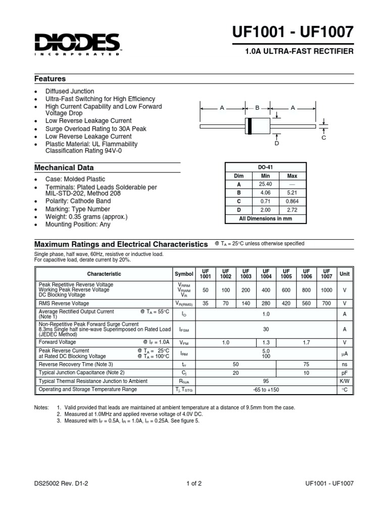UF1001 - UF1007: 1.0A Ultra-Fast Rectifier | PDF | Rectifier | Capacitor