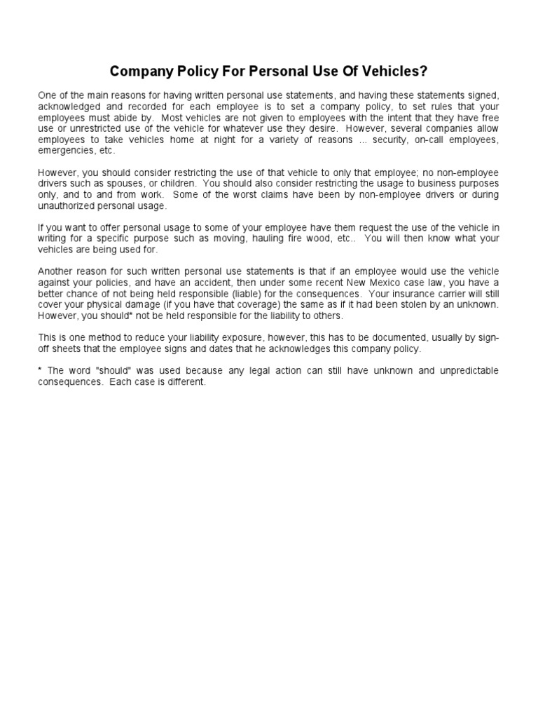Company Policy for Personal Use of Vehicles Private Law Employment