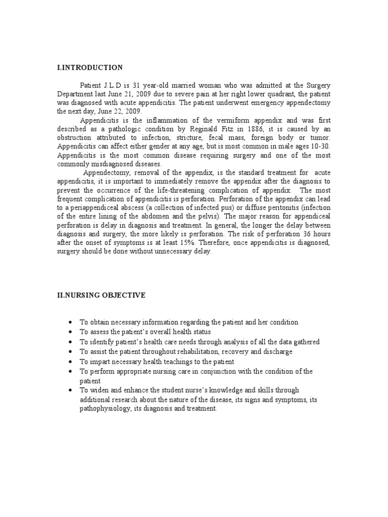 Appendectomy Appendicitis Case Study PDF Abdomen Health Sciences