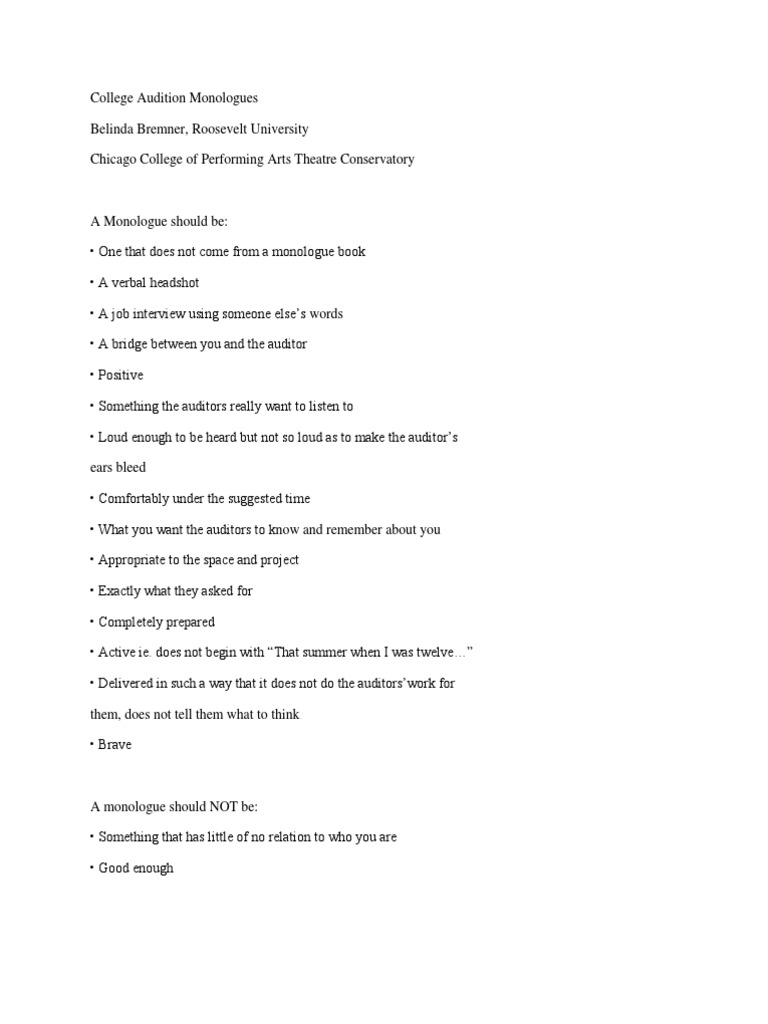 College Audition Monologues Pdf Audition Play Theatre