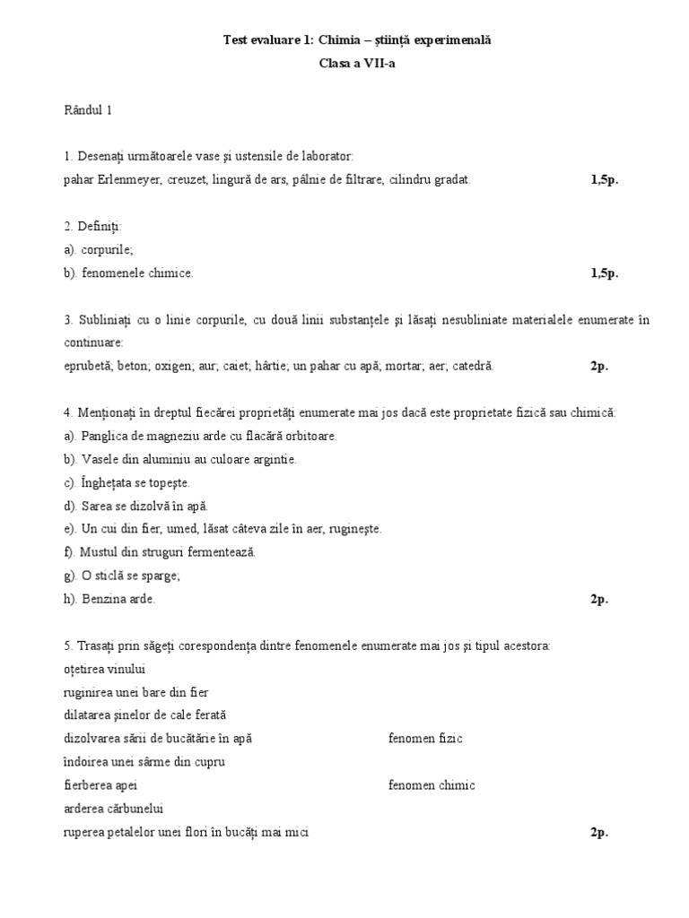 Test Evaluare 1 Sem 1 CH CL 7 | PDF