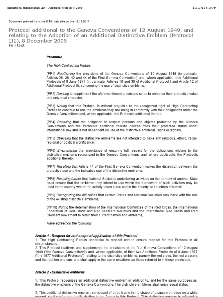 Additional Protocol III 2005 | Geneva Conventions | Treaty