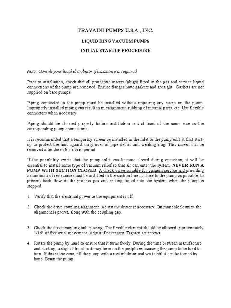 Liquid Ring Vacuum Pumps Intial Start Up Procedures PDF Pump Vacuum