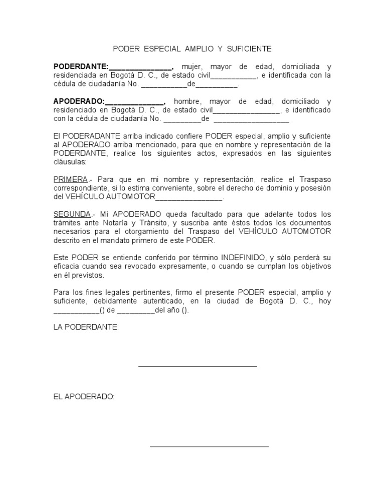 Poder para traspaso de vehículo cali