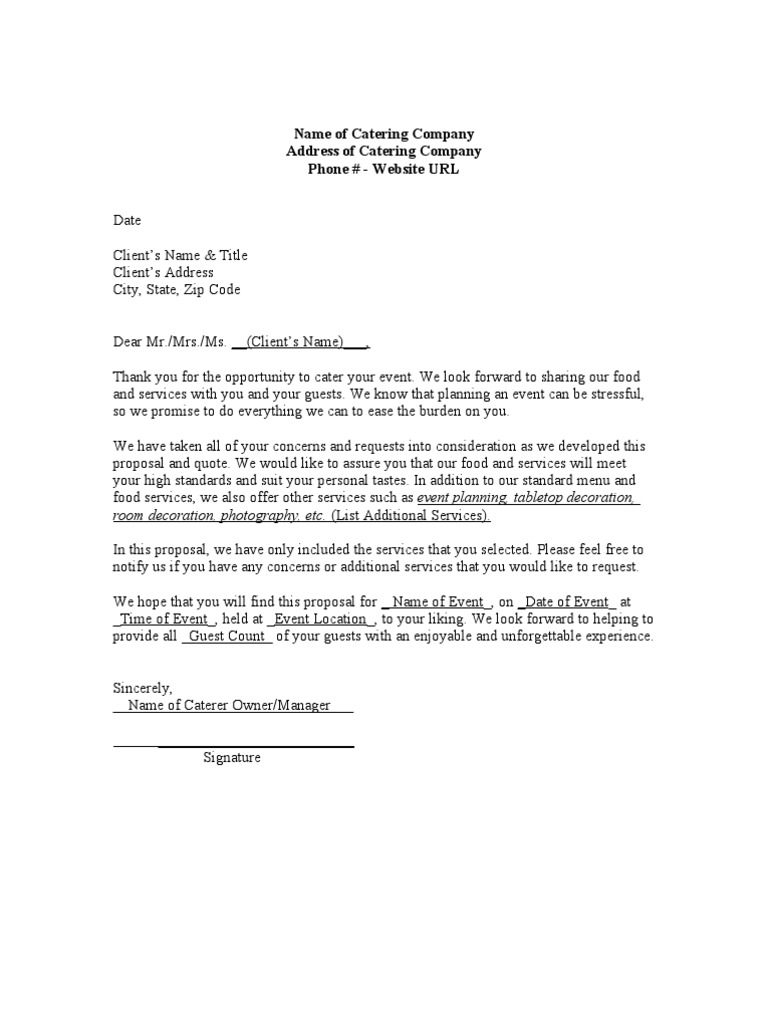 Catering Proposal & Quote Template  PDF  Fee  Payments Inside Catering Proposal Template
