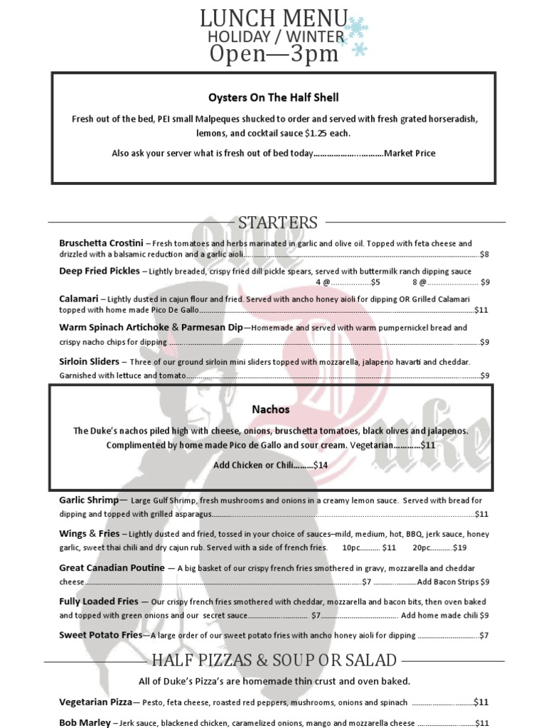 Holiday/Winter Lunch Menu Featuring Oysters, Starters, Pizzas