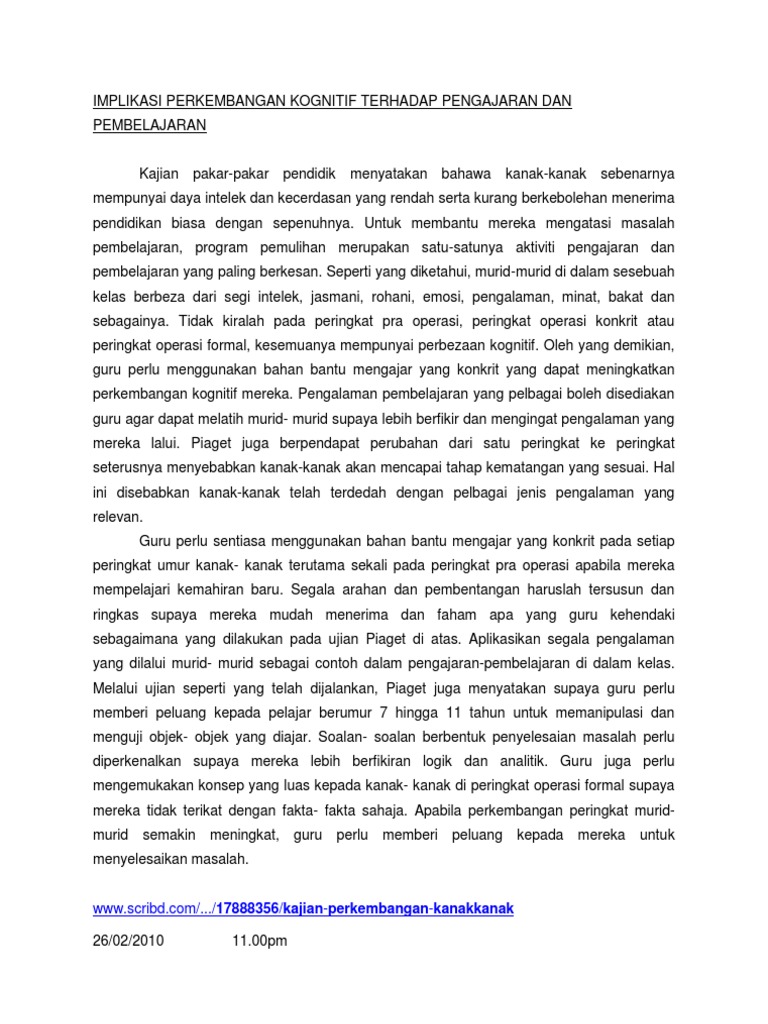 Implikasi Perkembangan Kognitif Terhadap Pengajaran Dan Pembelajaran Pdf