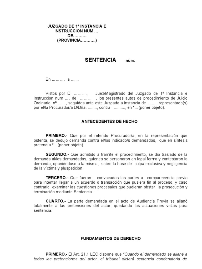 Modelo Sentencia de Allanamiento Juicio Ordinario Con Costas Art.  Lec  | PDF | Sentencia (Ley) | Demanda judicial