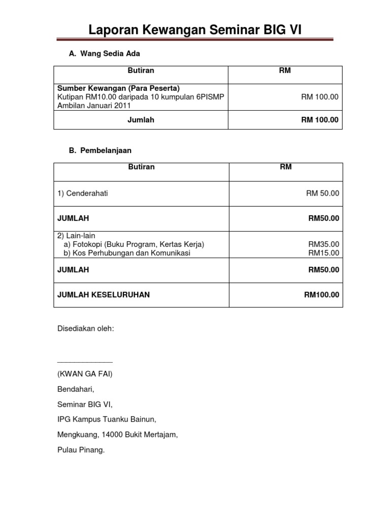 Kelab Persatuan Contoh Laporan Kewangan Bendahari Persatuan  premio kelab