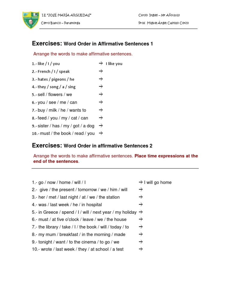 Exercises:: Word Order in Affirmative Sentences 1 | PDF | Language Arts ...