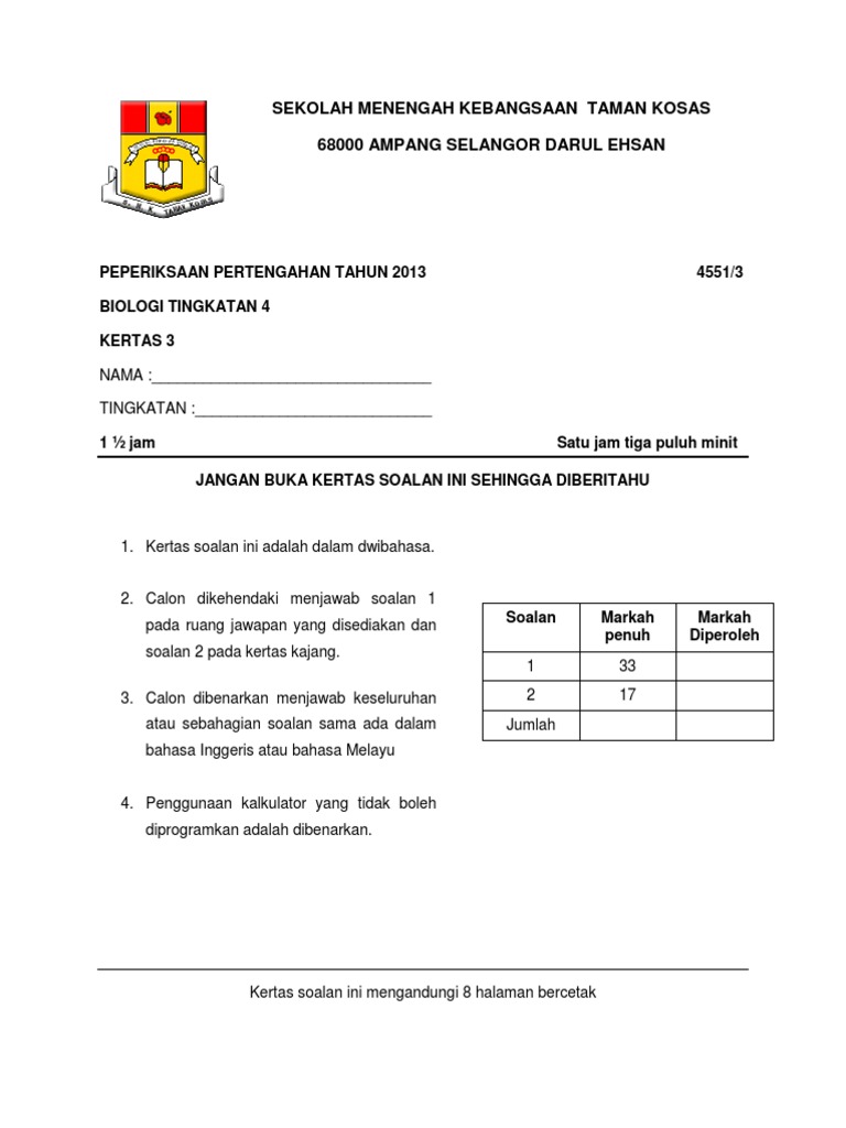 CONTOH SOALAN PAPER 3 BIOLOGI SPM PEPERIKSAAN PERTENGAHAN 