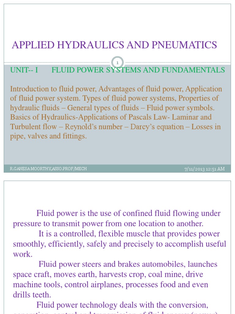 Applied Hydraulics and Pneumatics Unit I Fluid Power Systems and