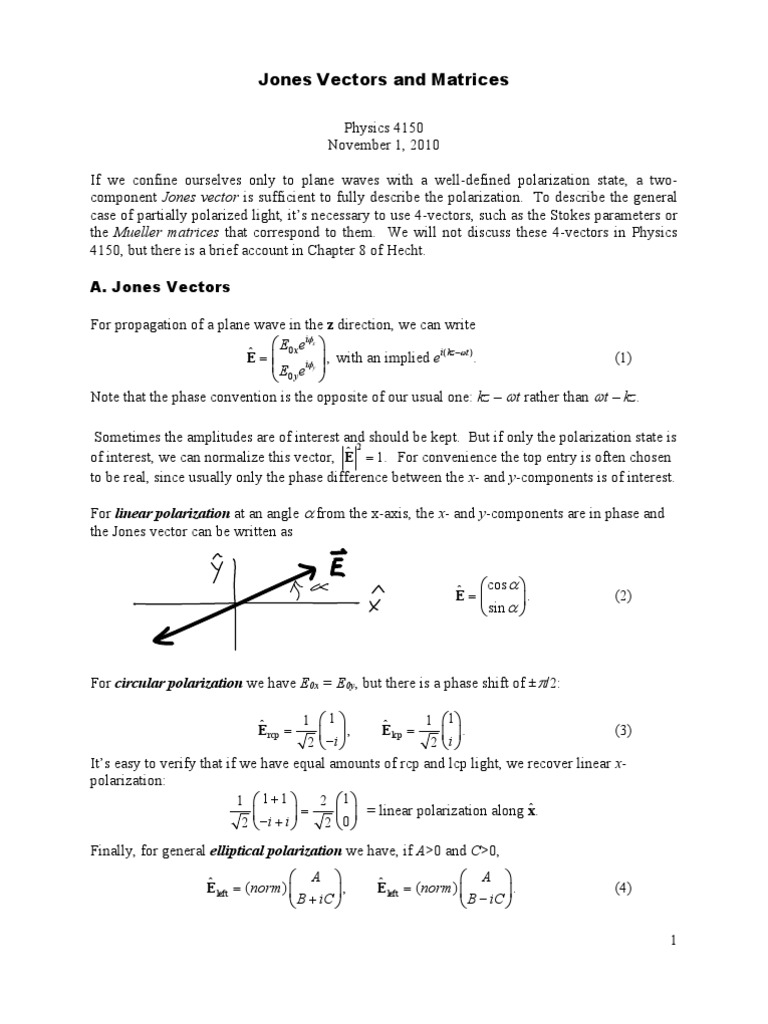 Jones Vectors and Matrices | Download Free PDF | Polarization (Waves ...