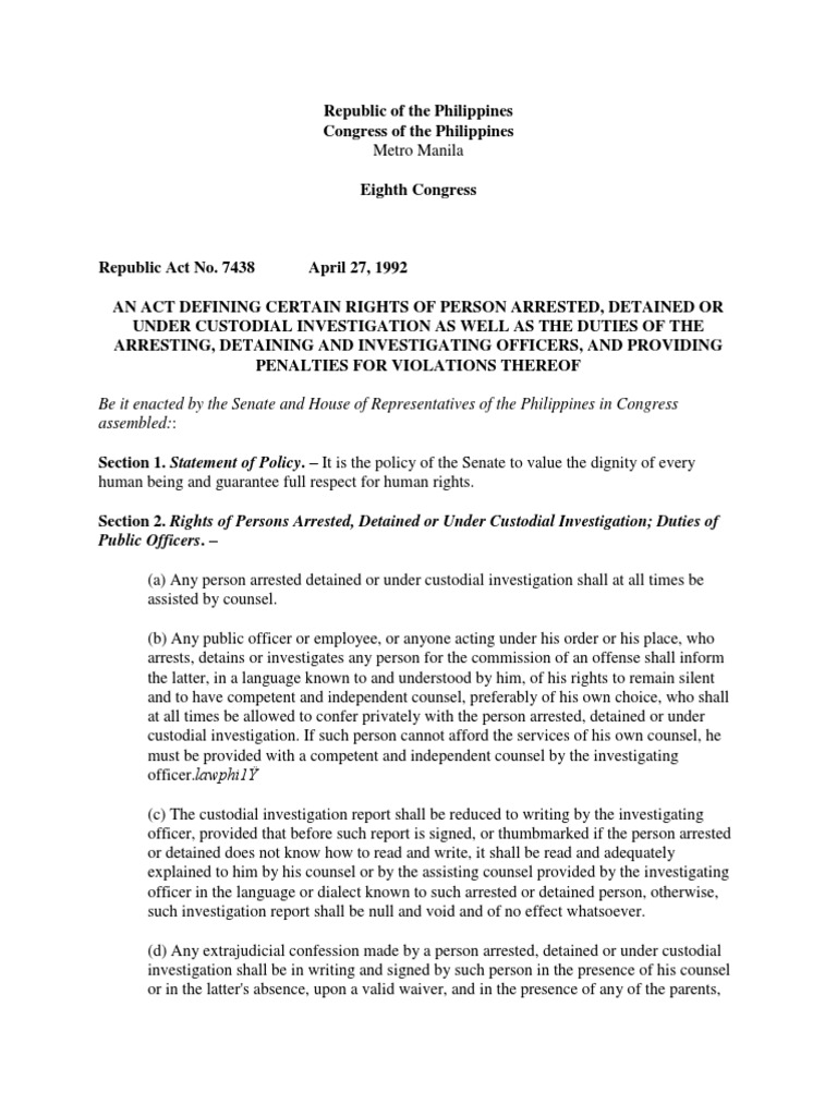 Defining Rights of Persons Under Arrest and Custodial Investigation and ...