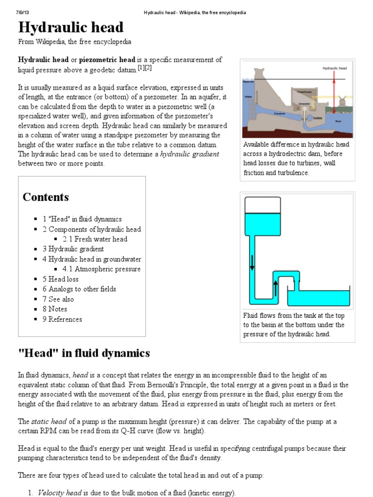 Hydraulic Head Wikipedia, The Free Encyclopedia Gases Fluid Dynamics