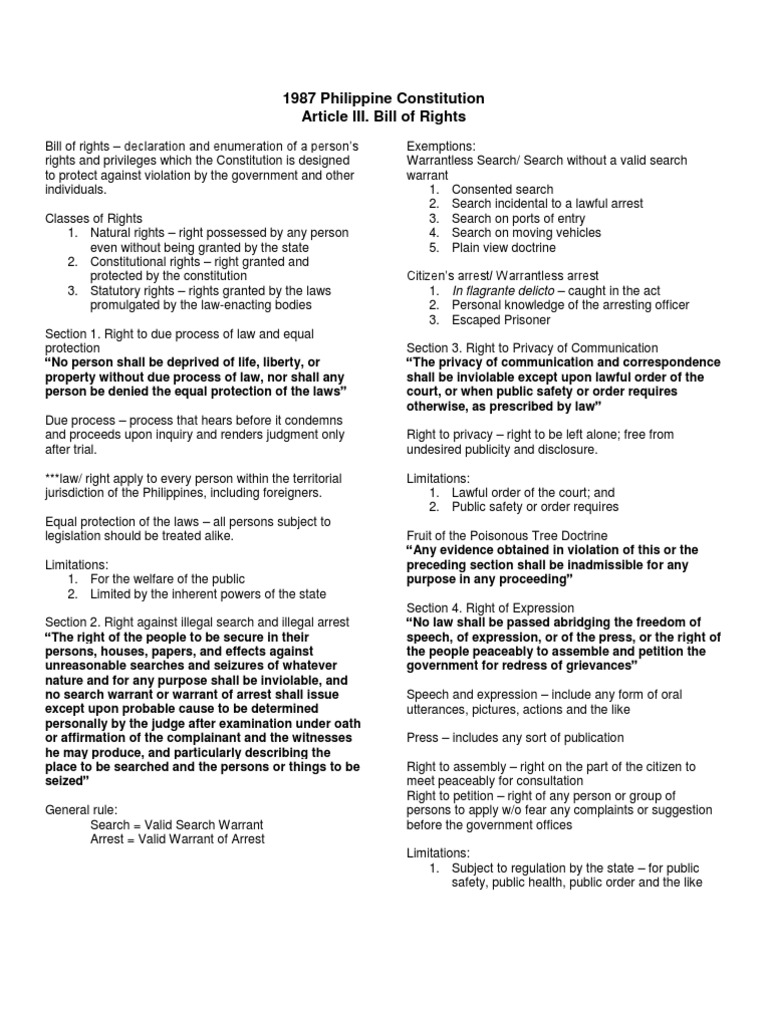 1987 Philippine Bill of Rights Overview | PDF