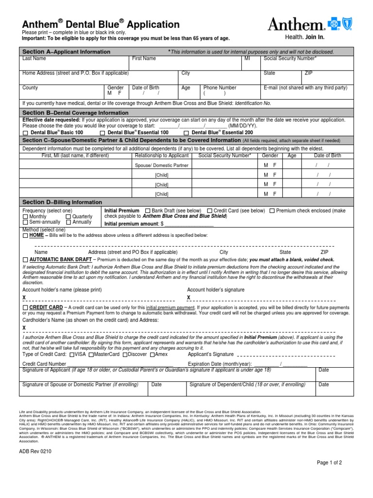 Anthem Dental App 2013 Cashier's Check Credit Card