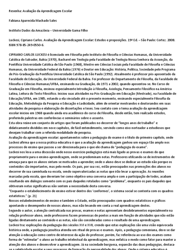 Avaliação Da Aprendizagem Escolar - Resenha | PDF | Pedagogia | Aprendizado